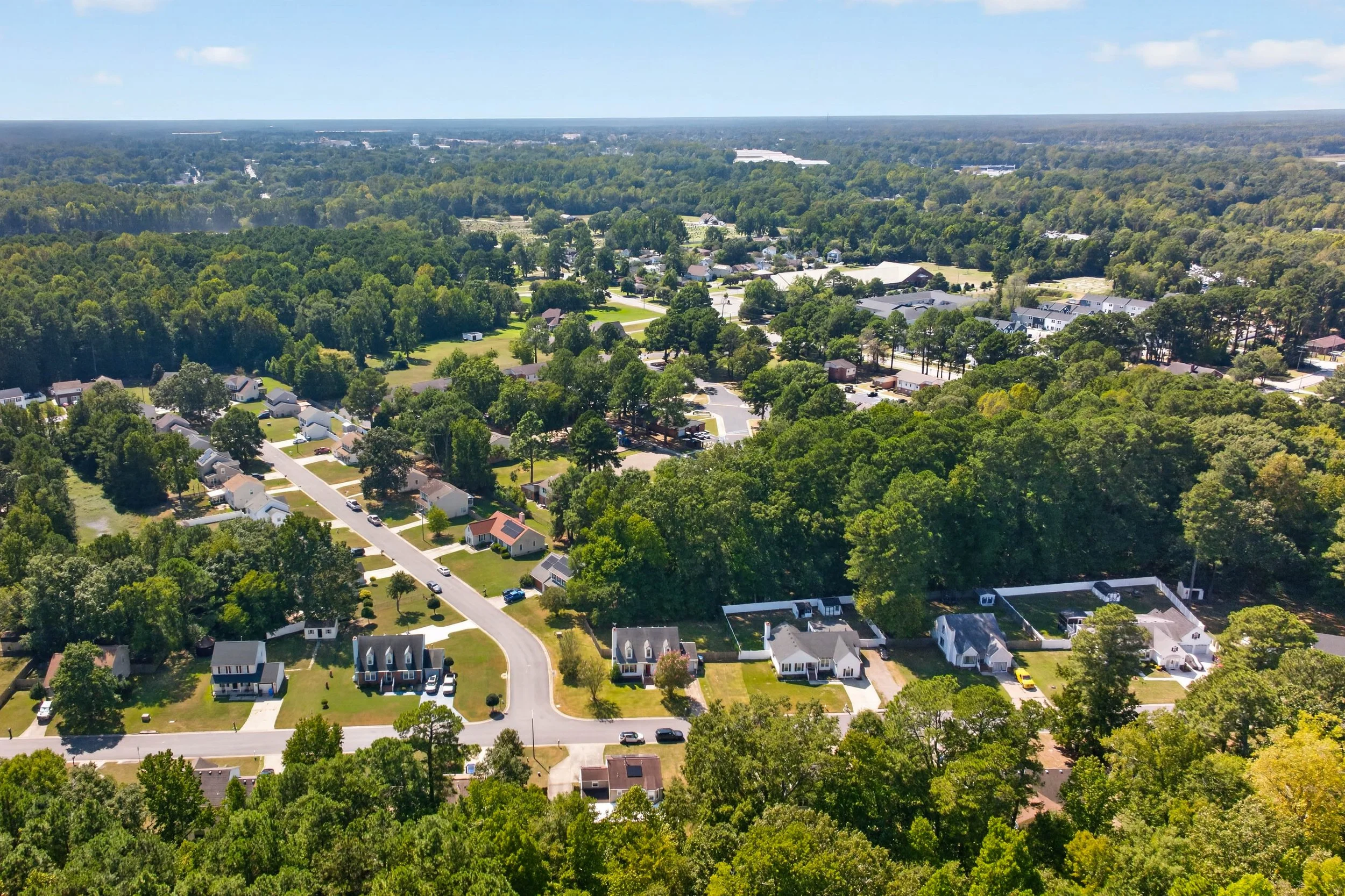 Aerial view of the residential neighborhood surrounding 811 Haskins Drive in Suffolk, Virginia.