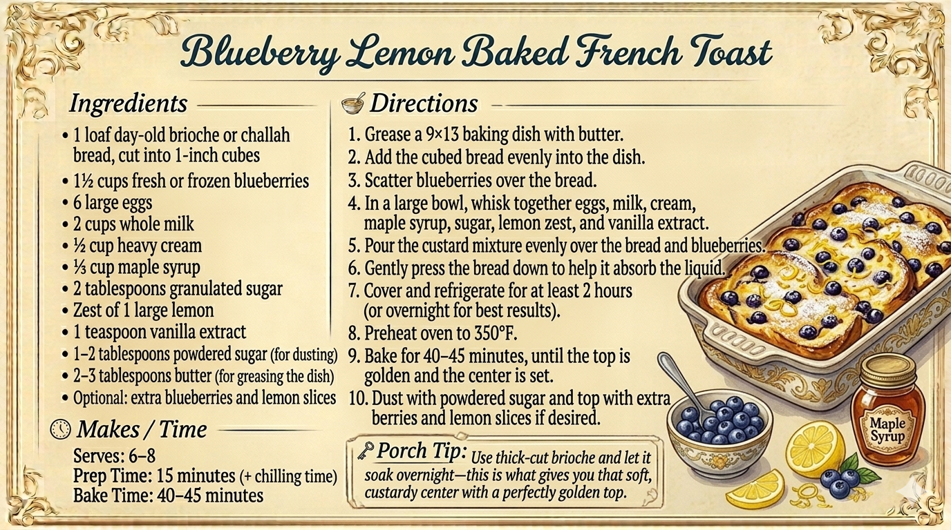 Blueberry Lemon Baked French Toast:   A bright, crowd-pleasing breakfast bake with fresh berries and citrus.