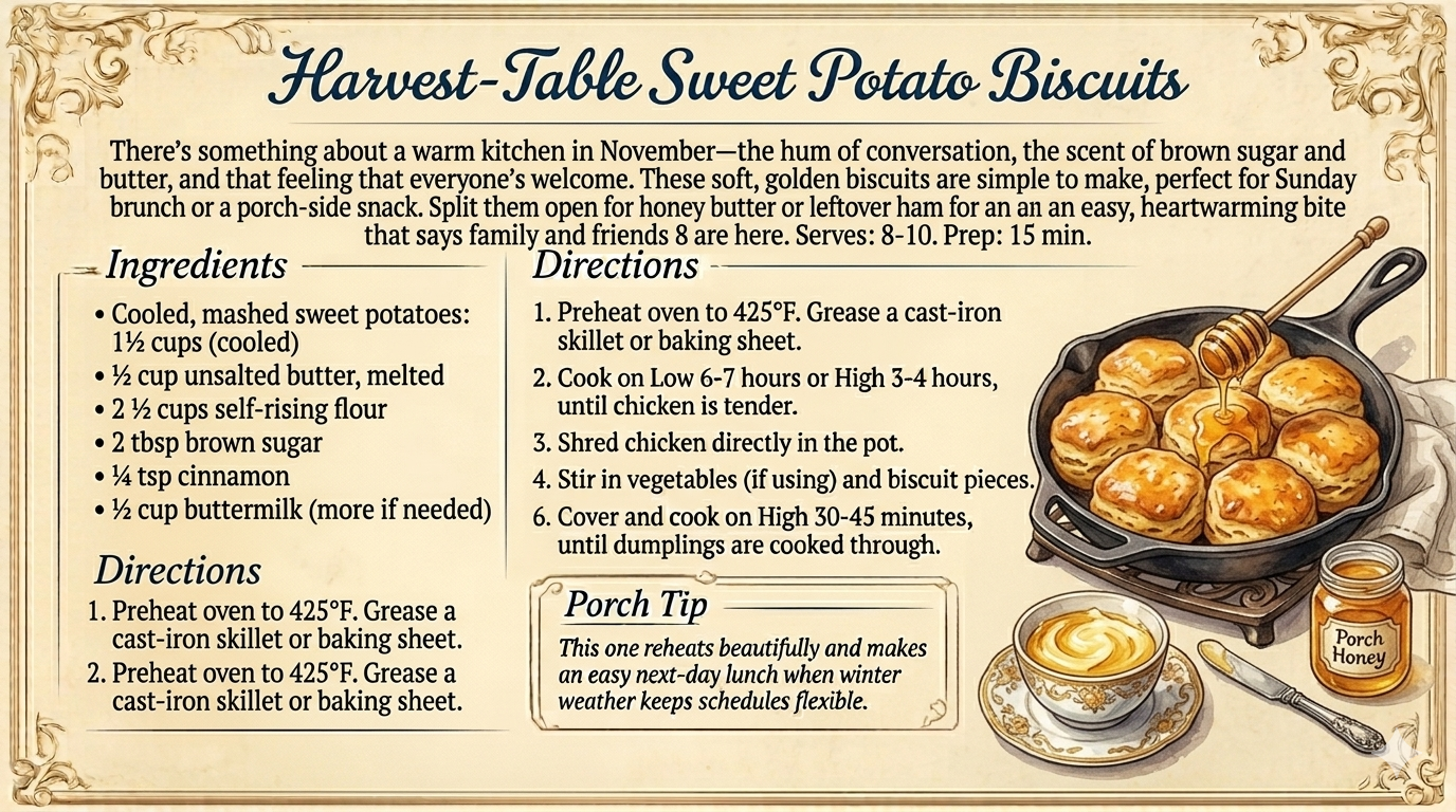 Sweet Potato Biscuits:  Warm, buttery, and just a touch sweet—these biscuits are the kind you’ll come back to again and again.