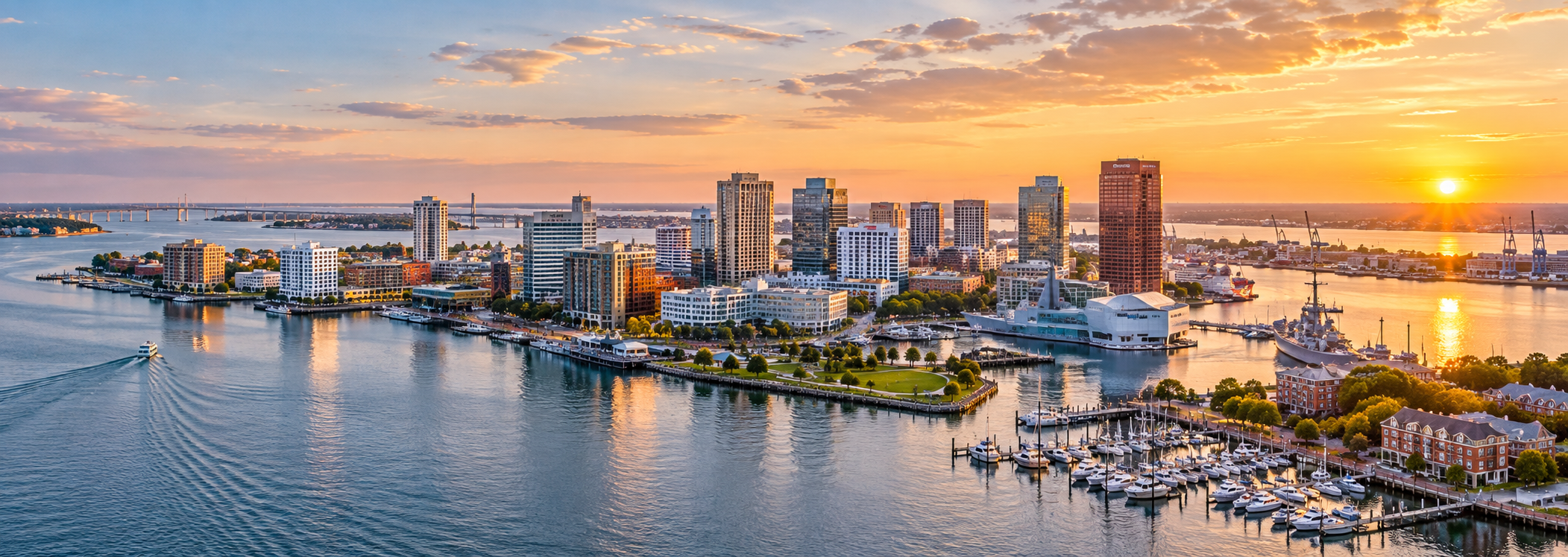 Aerial waterfront view of Hampton Roads, Virginia