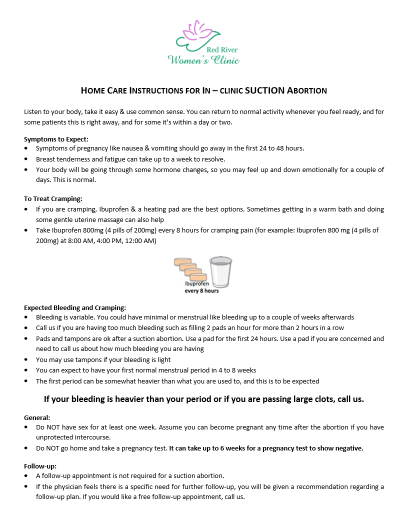 Suction Abortion Home Care — Red River Women's Clinic