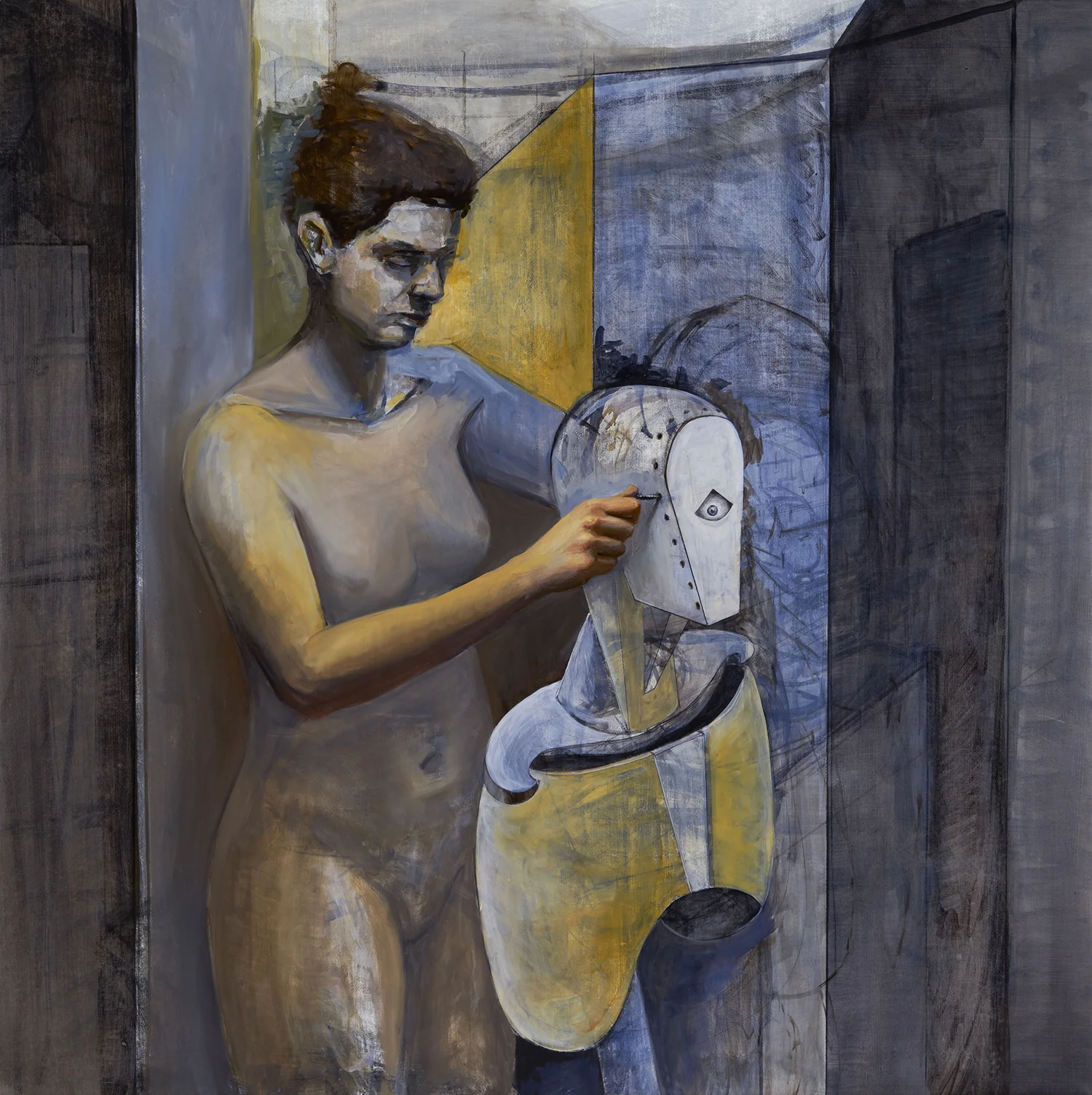 The Artist in the Studio II , 2018–19, oil & pencil on canvas, 52 x 52 in