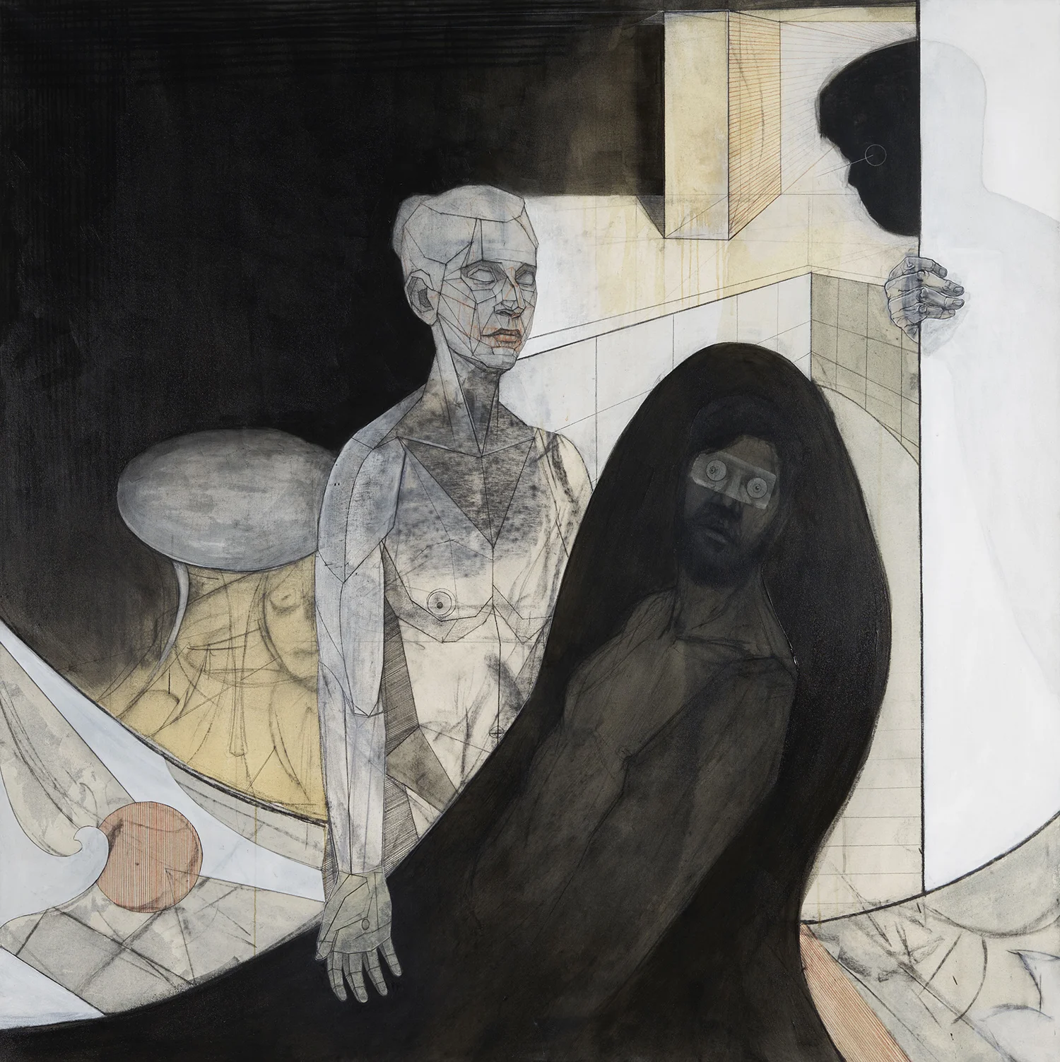 Gatekeeper II , 2019, acrylic, charcoal, collaged paper & pastel on canvas, 56 x 56 in