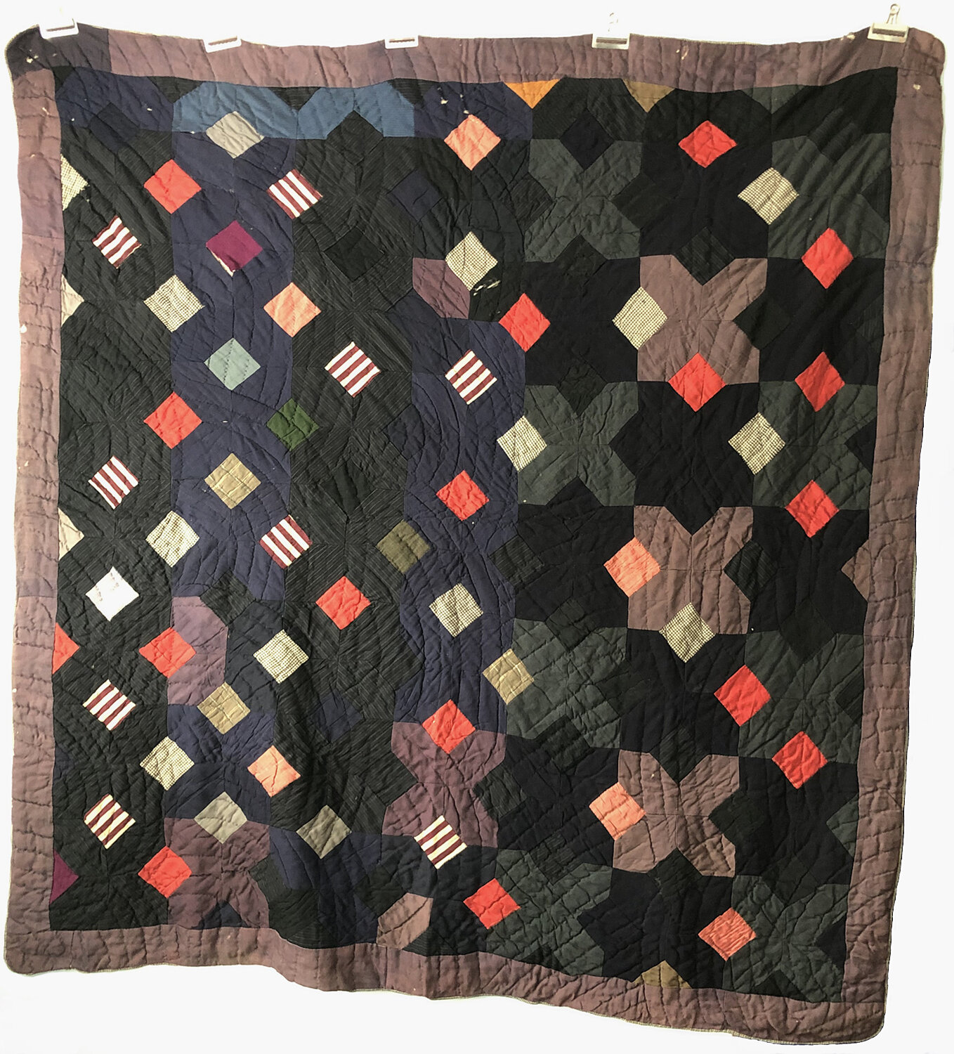   BLOCK/DIAMOND VARIATION Quilt   unknown maker, ca. 1940s; found in Nashville, TN  78" x 75"  cottons, suit fabrics  hand-pieced, hand-quilted; raw cotton batting    ASK ABOUT THIS QUILT   