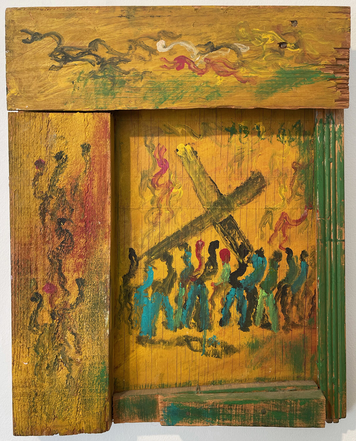   Purvis Young    Crucifixion   ca. 1990  23” x 18.5”  enamel on wood assemblage    Ask about this work   