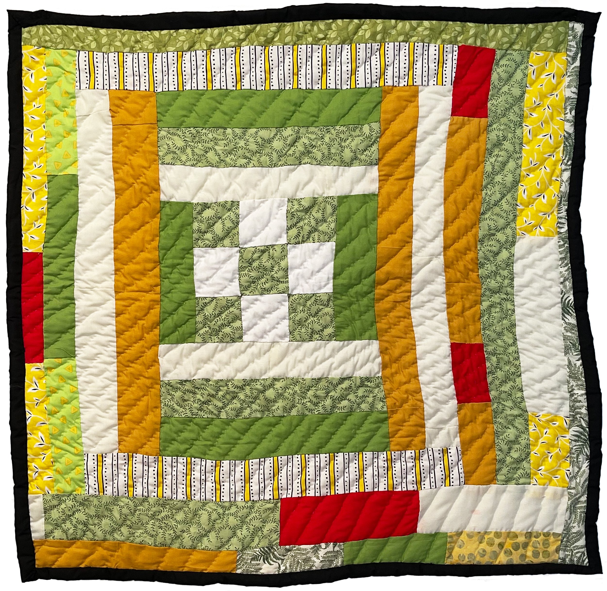   Kristin Pettway (Gee’s Bend, AL)    Housetop variation w/9-patch medallion   2021  36” x 37”  Various fabrics  Hand-pieced, hand-quilted    ASK ABOUT THIS QUILT   