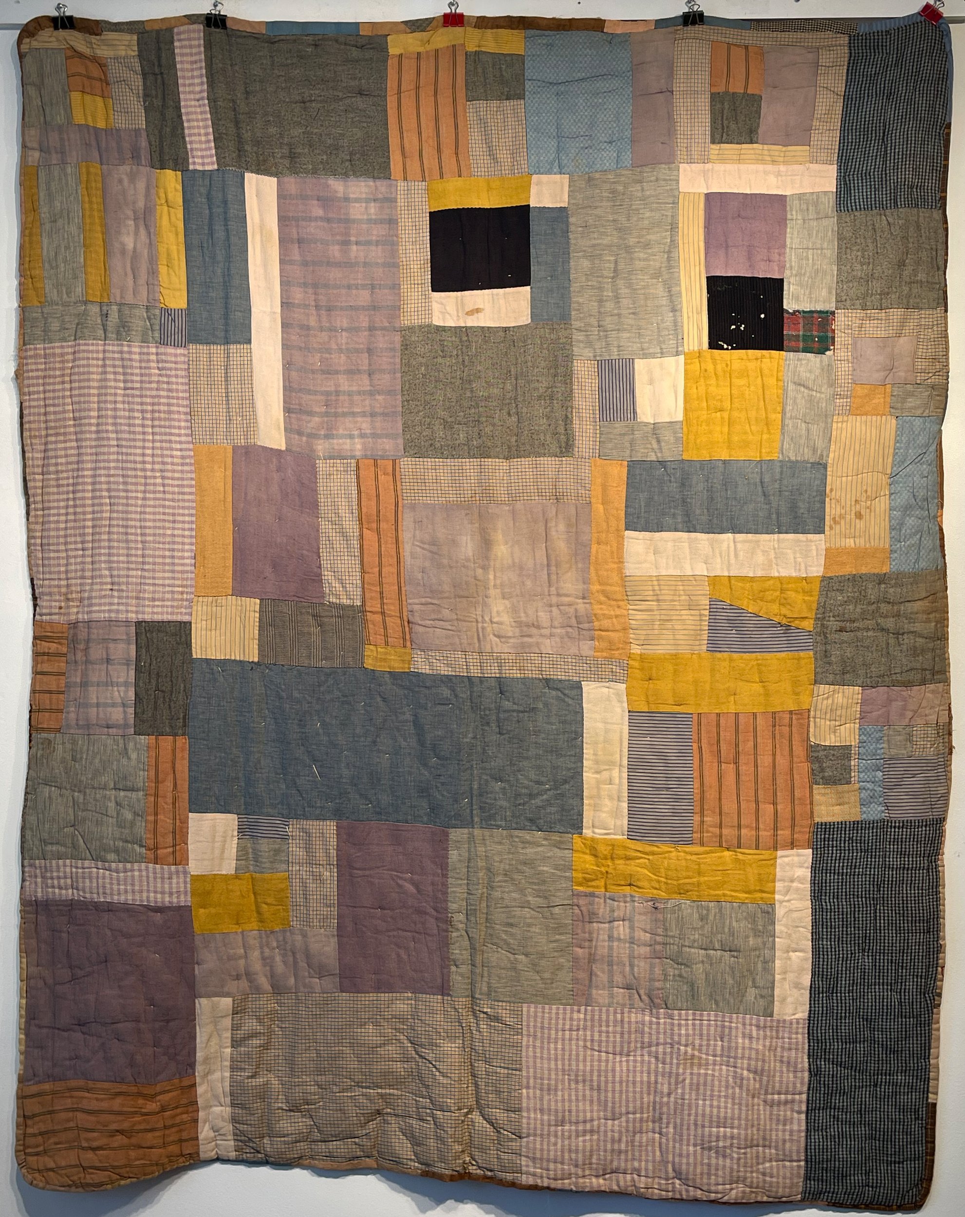   #155    Improvisational two-sided tied quilt, ca. 1930s   74” x 58”  Machine-pieced   (CLICK ON THIS PHOTO TO SEE THE OTHER SIDE IN A SEPARATE WINDOW)     ASK ABOUT THIS QUILT   
