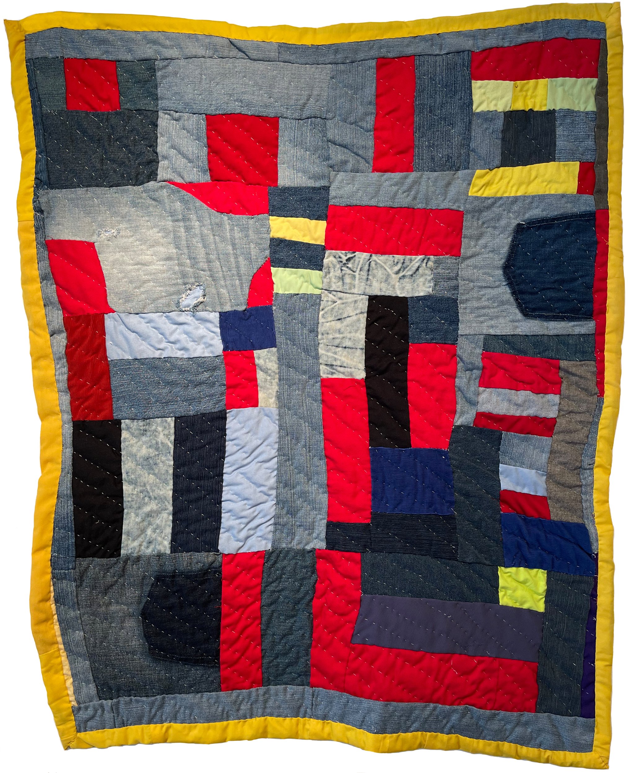   Stella Mae Pettway (Gee’s Bend, AL)    Improvisational quilt, 2021.    42” x 34”  Cottons, corduroy, denim  Hand-pieced, hand-quilted    ASK ABOUT THIS QUILT   