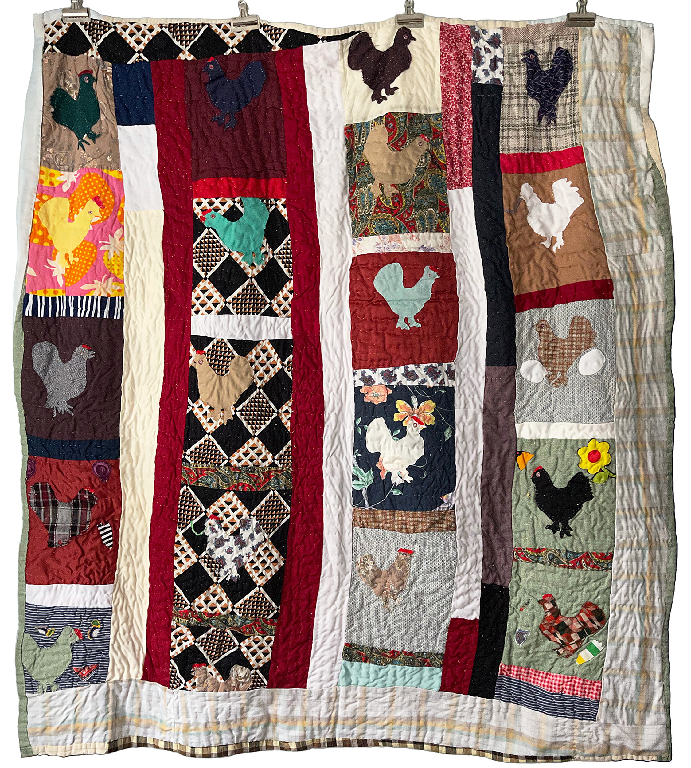   May Liza Jackson    “Chickens” quilt   ca. 1970s  76” x 72”, mixed fabrics  hand-pieced, hand-quilted    ASK ABOUT THIS WORK   