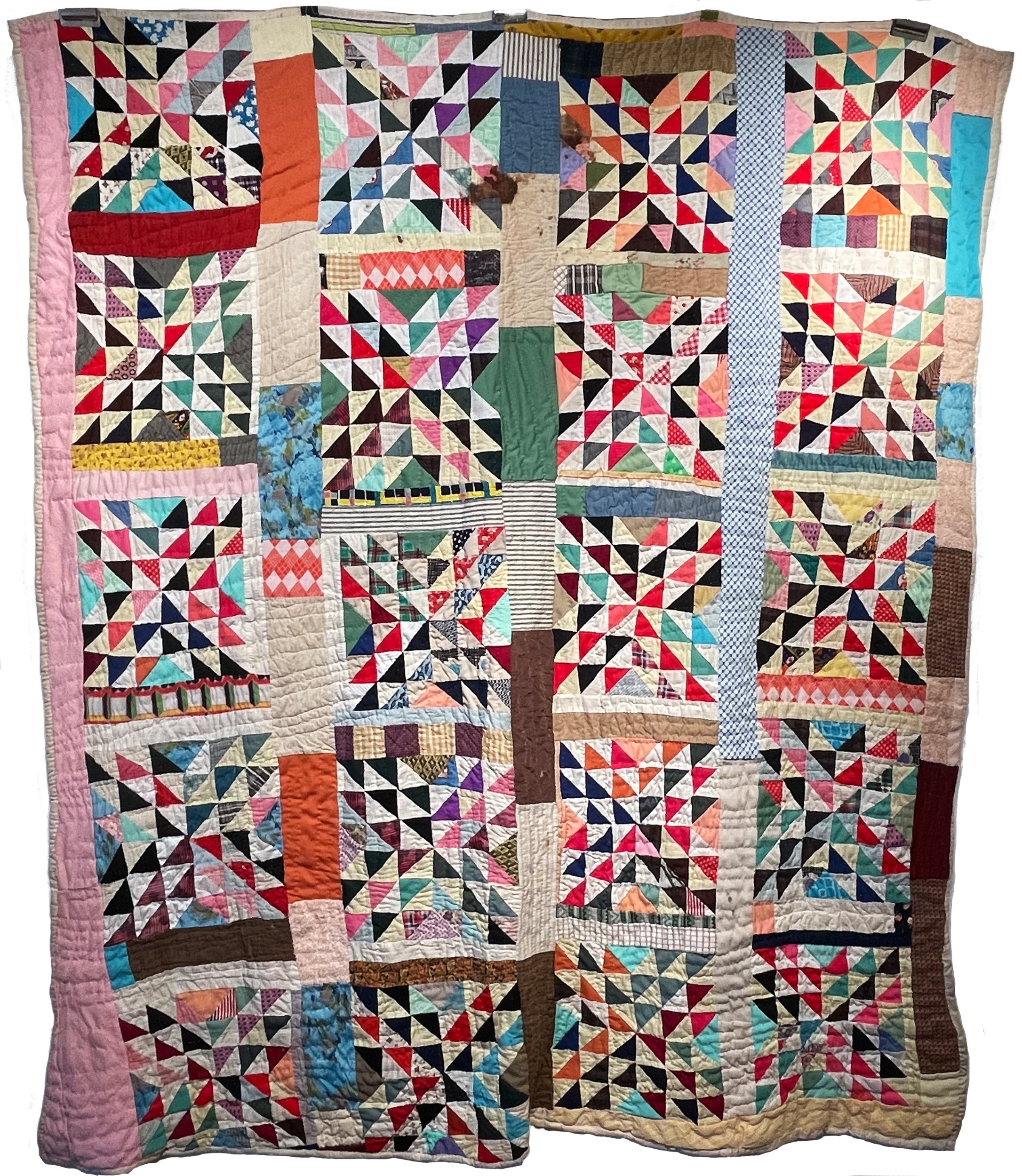   Quilt #156   Anonymous, 1950s-60s  85” x 73”  Various fabrics  Hand-pieced, hand-quilted    FIND OUT MORE   