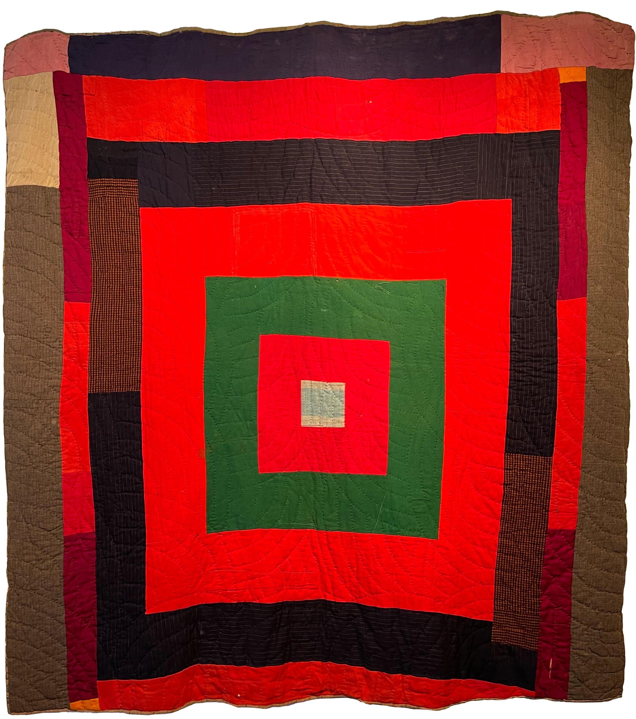   Quilt #157   Circa 1940s. 80" x 80", various fabrics; hand-pieced, hand-quilted. Found around AL/GA line.    ASK ABOUT THIS WORK   