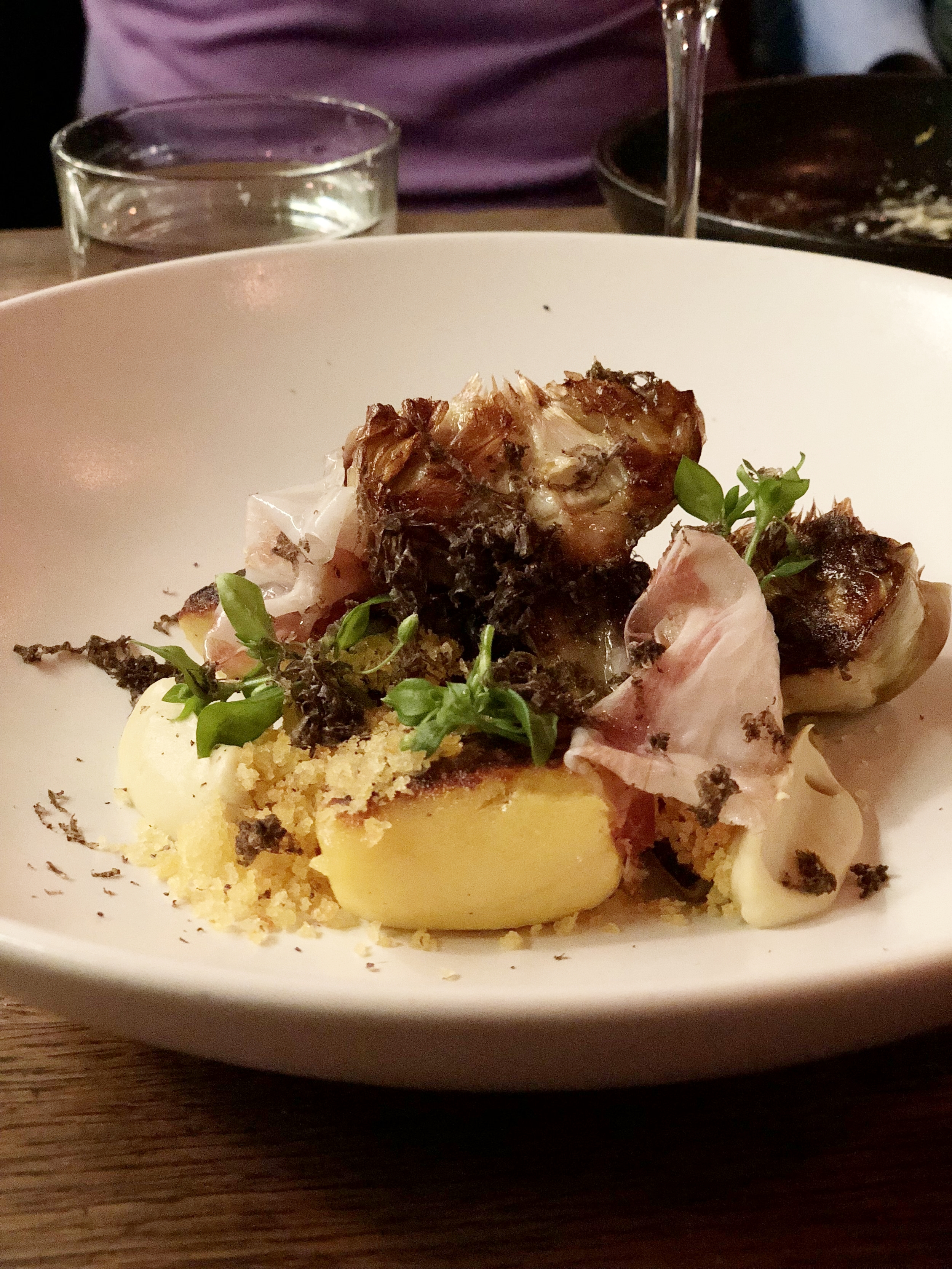 Violet Artichokes, Gnocchi, Lardo, Black Truffles