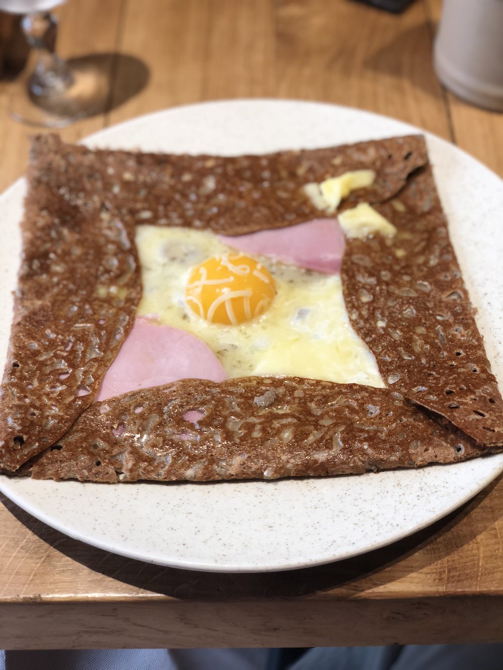 Buckwheat Crepé with ham, cheese, and egg.