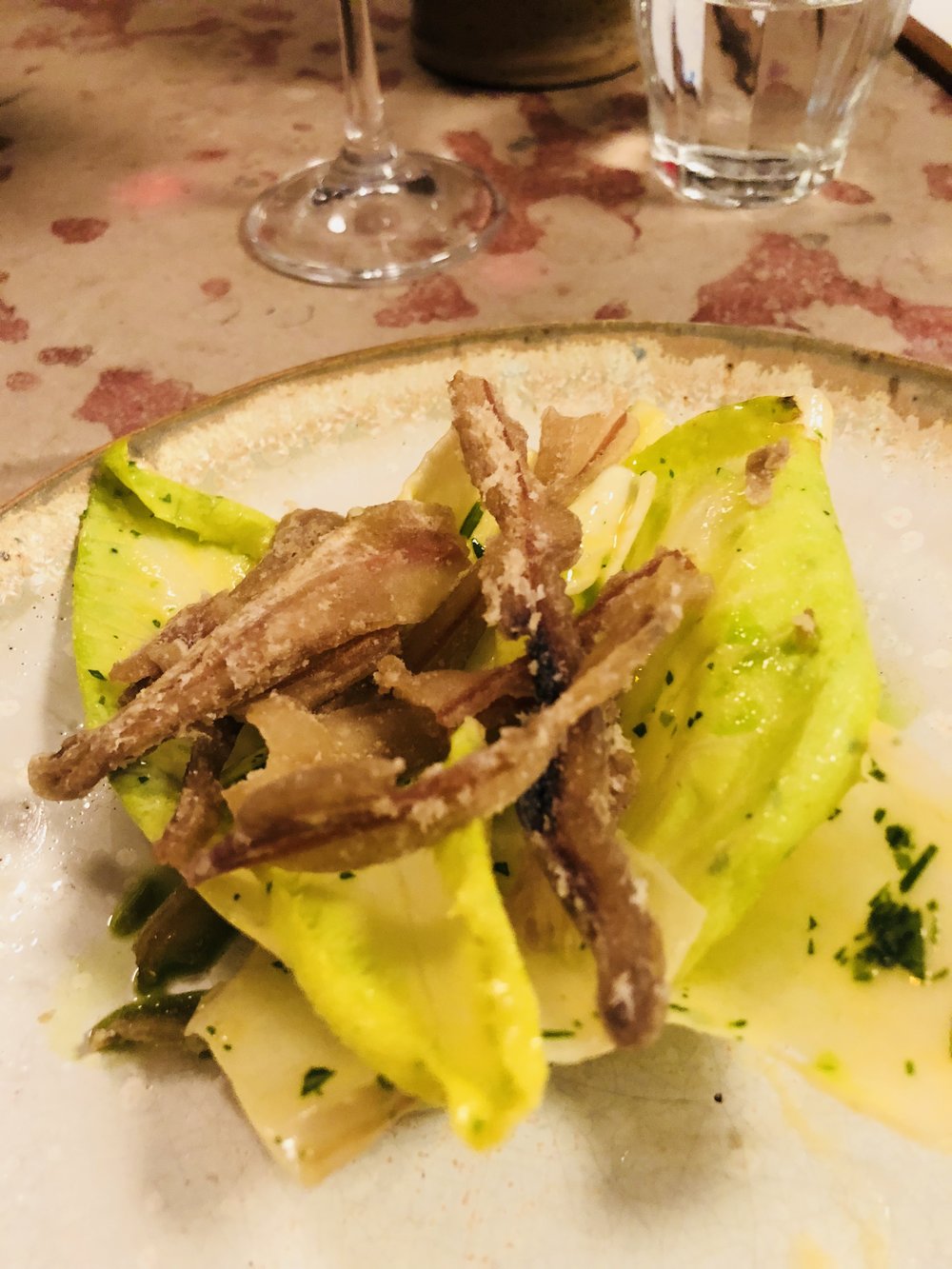 Crispy Pig Ear Salad with Lettuce and Mustard