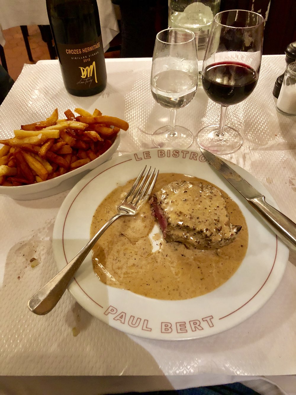 Peppercorn Filet with Cognac Cream Sauce and Frites