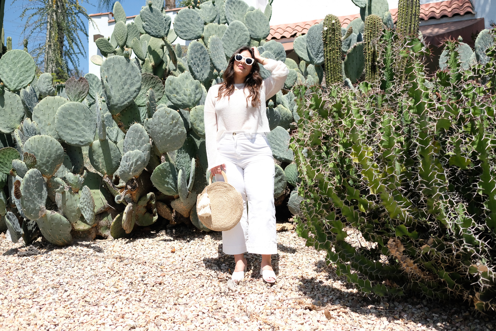 White Denim Culotte Summer Look with sweater and mules.jpg
