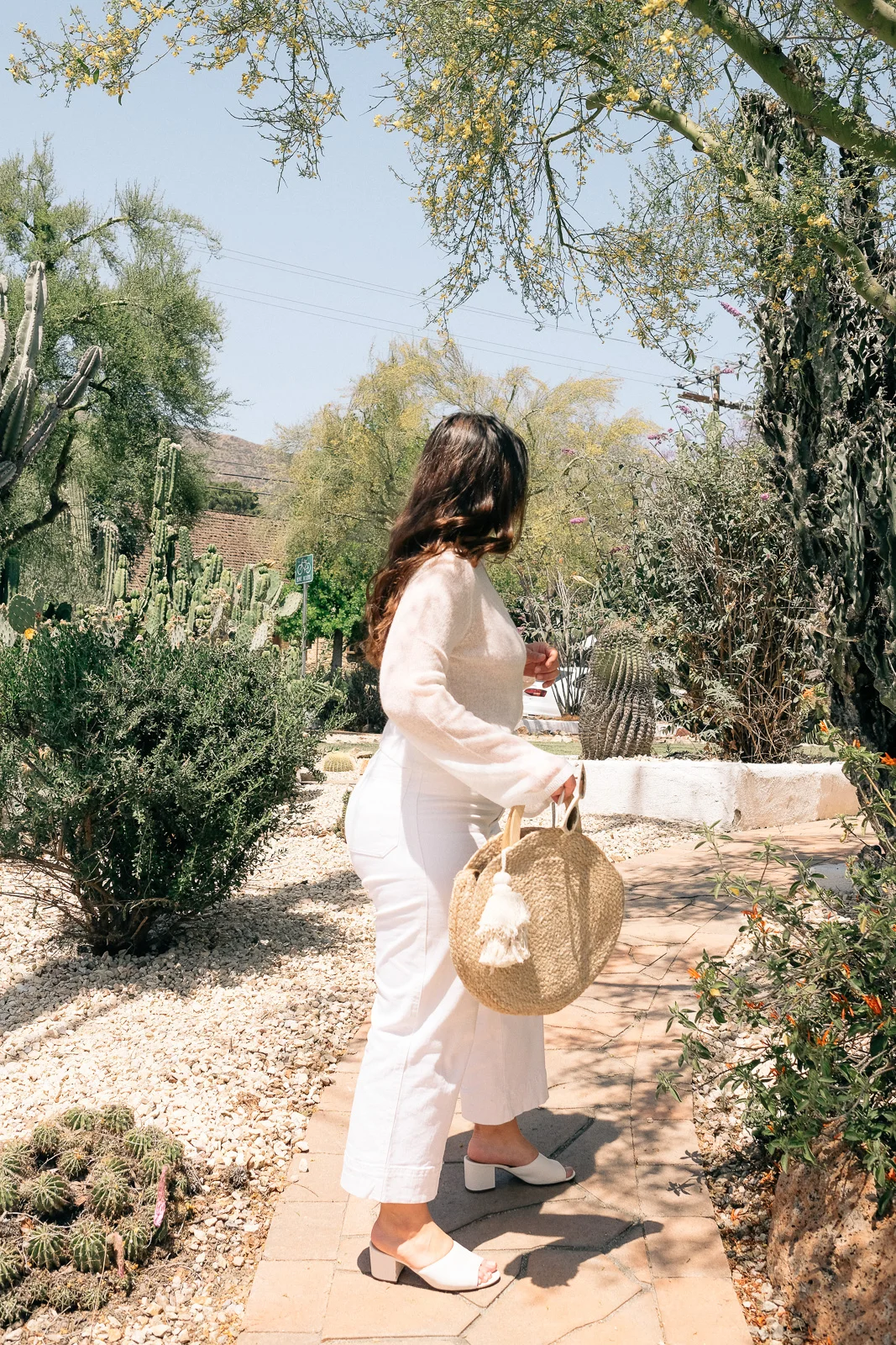 White Denim Culotte Zara straw circle bag and white mules .jpg