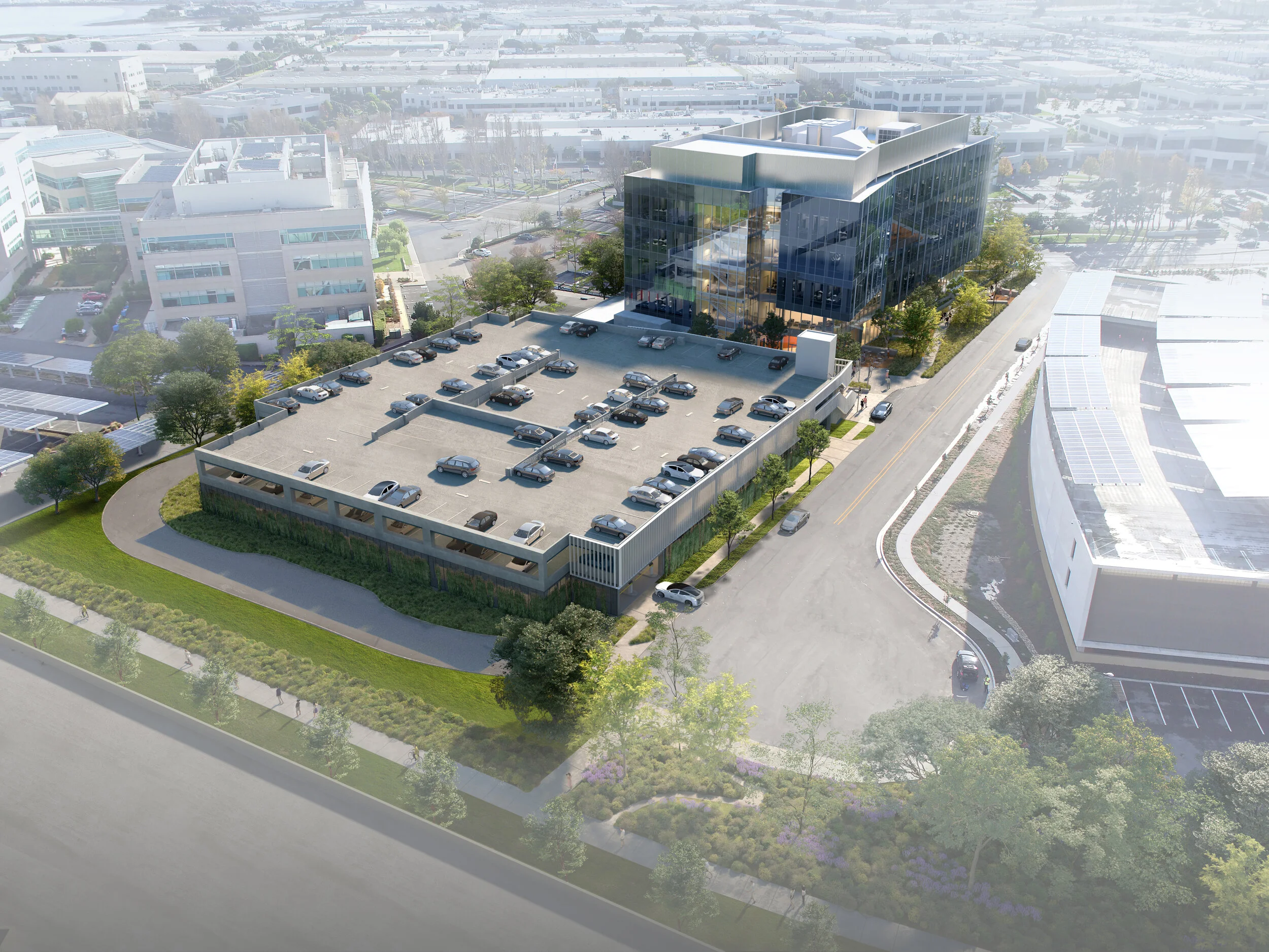 Interior parking garage ramps slope with the existing site, allowing the parking structure to be tucked into the sloping grade. Site is adjacent to new Rail-to-Trails in foreground, designed by others. (Rendering by others)