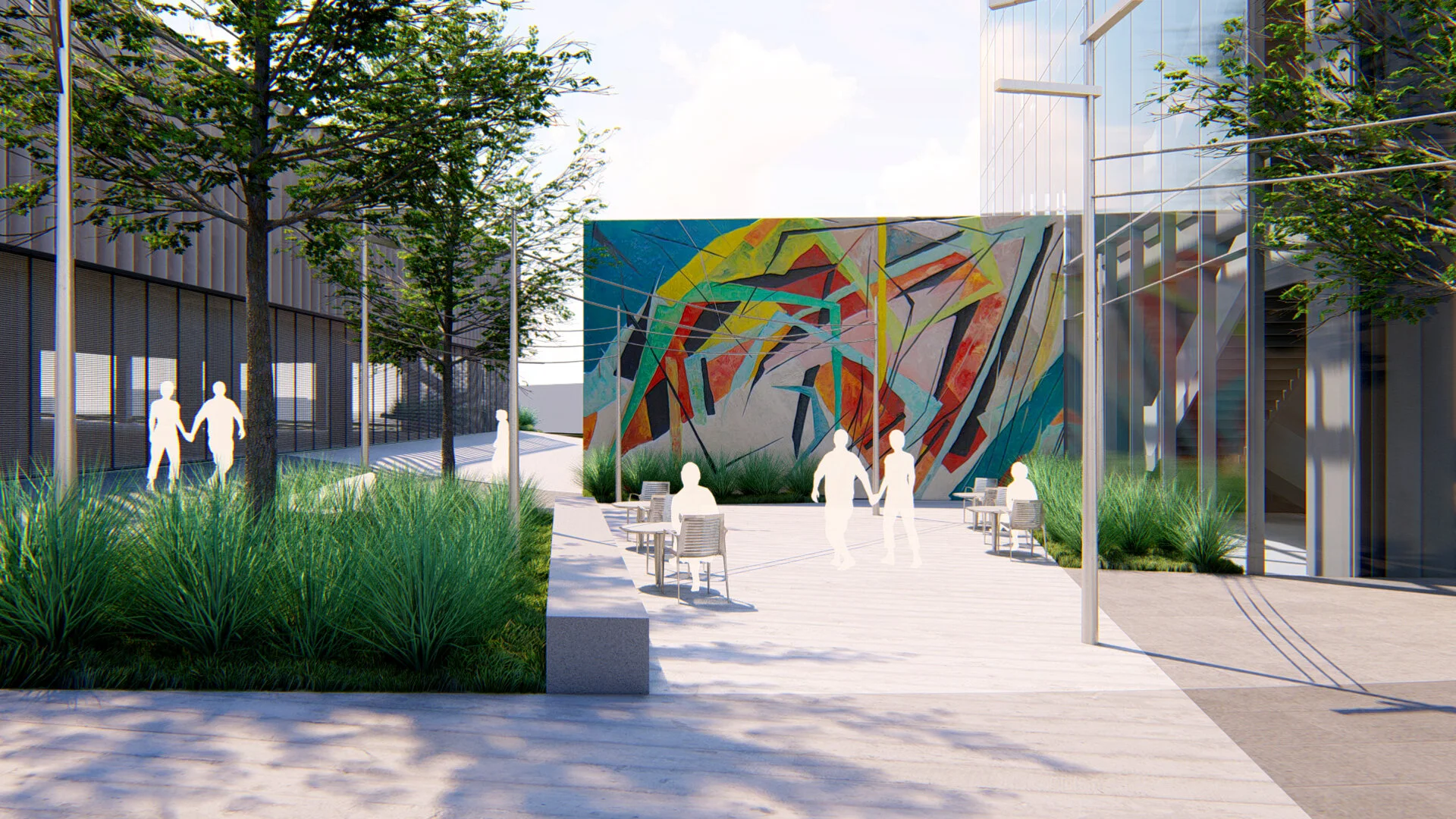 Landscape feature wall at plaza with possible mural