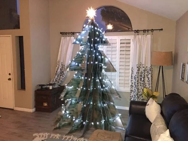 A Christmas tree made from old moving boxes.