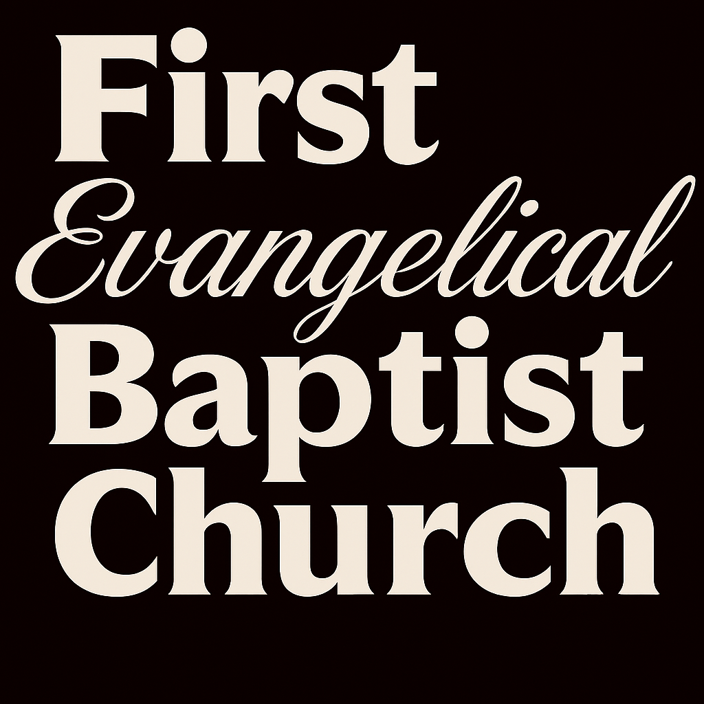 Text in large, bold font reading 'First Evangelical Baptist Church' against a dark background.