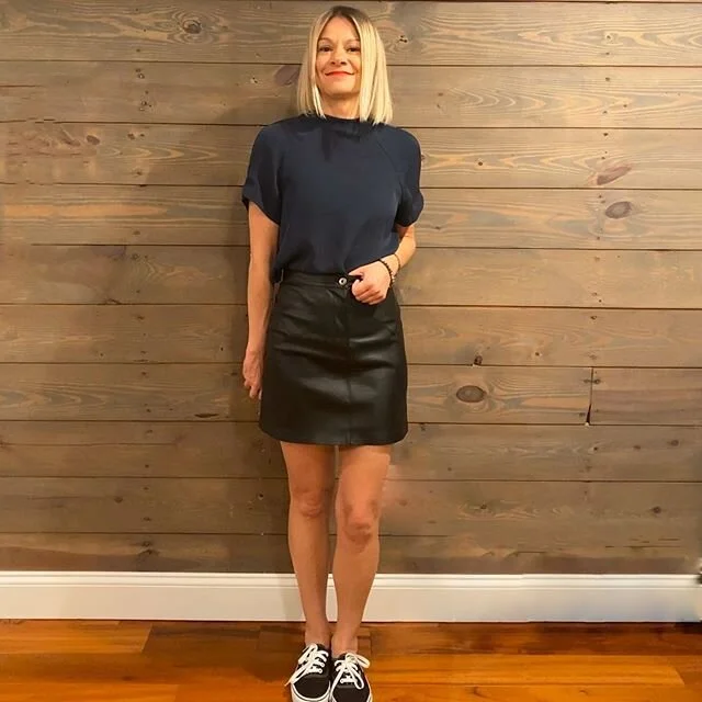 Attended my cousin&rsquo;s virtual baby shower last night! Everyone wore blue to celebrate her having a baby boy! I paired my navy top with a faux leather skirt (as an incentive to shave my legs in cold rainy quarantine! ) I completed my look with my