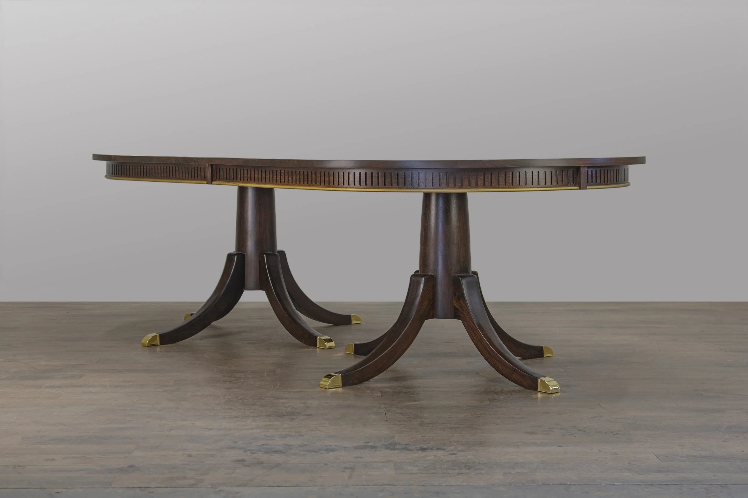 The finished Phyfe custom dining table from solid mahogany, for clients in Tulsa