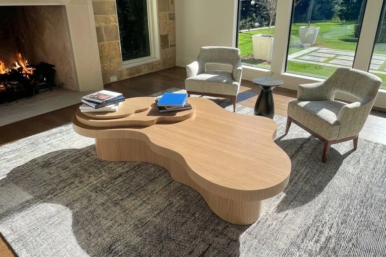 the white oak cloud coffee table staged in a beautiful home