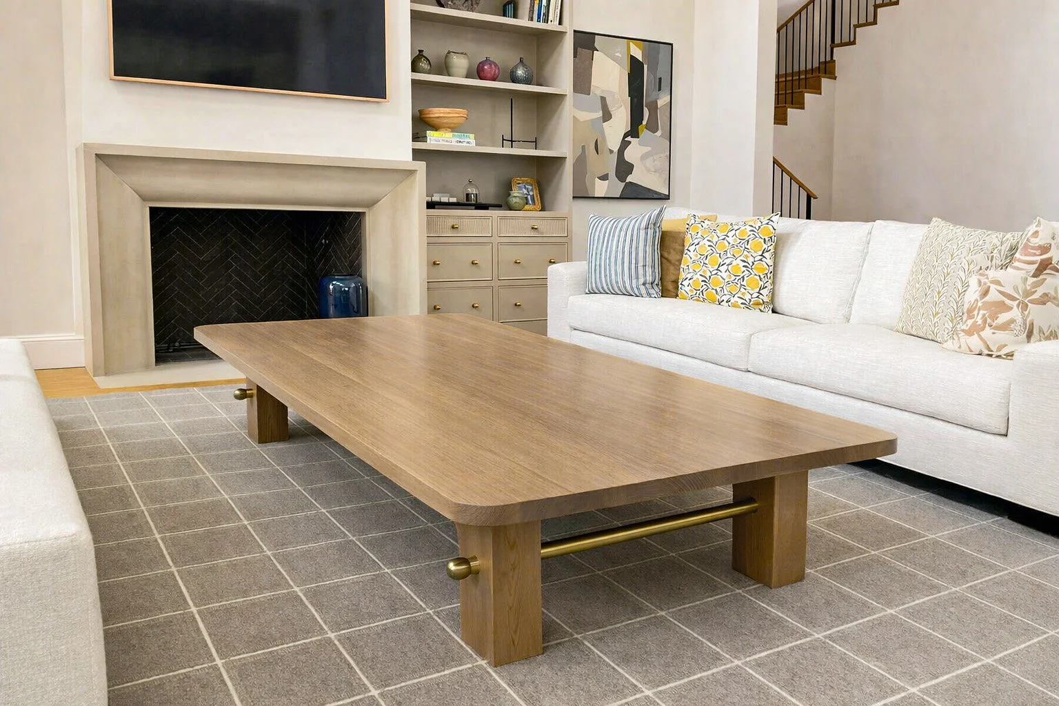 Rift White Oak coffee table with brass accents