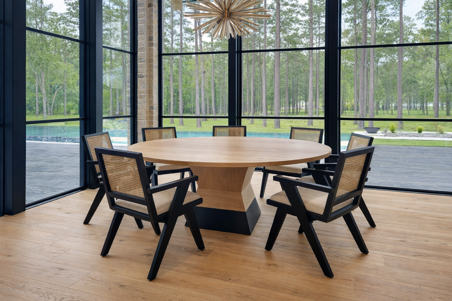 A White Oak compound trapezoid table with black accent, at home in Edmond.