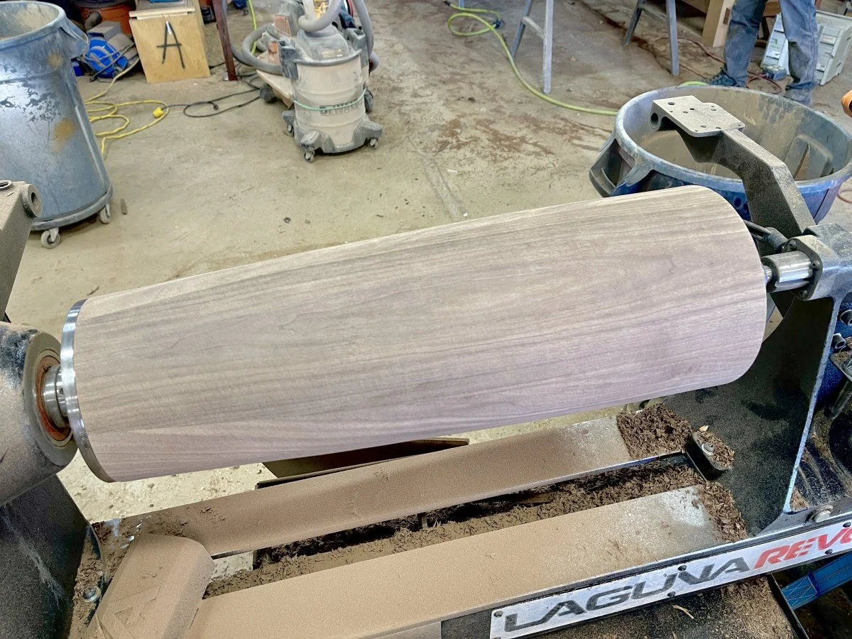 The Phyfe pedestal after being hand-turned on the lathe