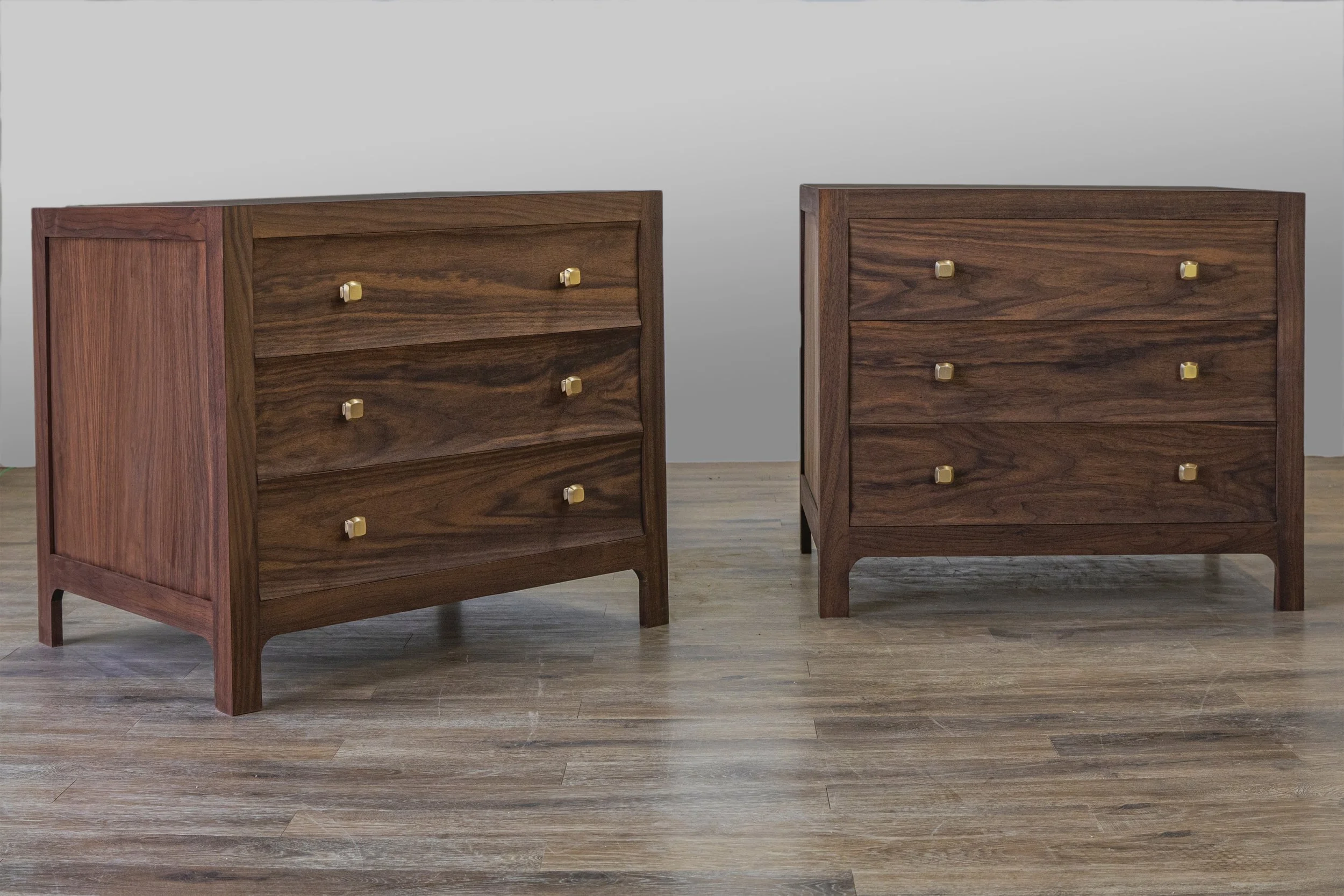 Custom nightstand pair with scooped drawer faces and hand-cut dovetail drawers