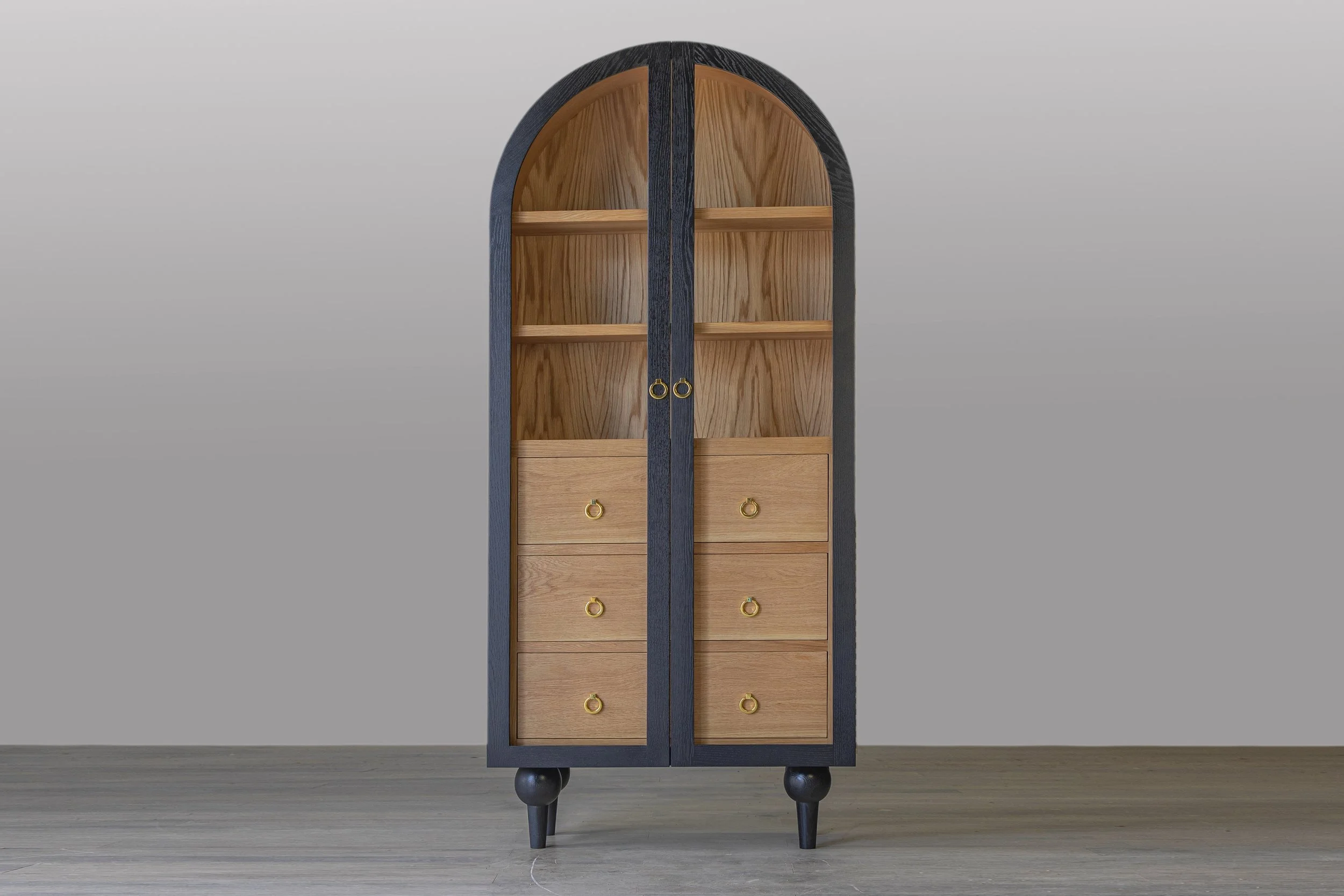 Arch Top White Oak Curio Cabinet with Glass Doors