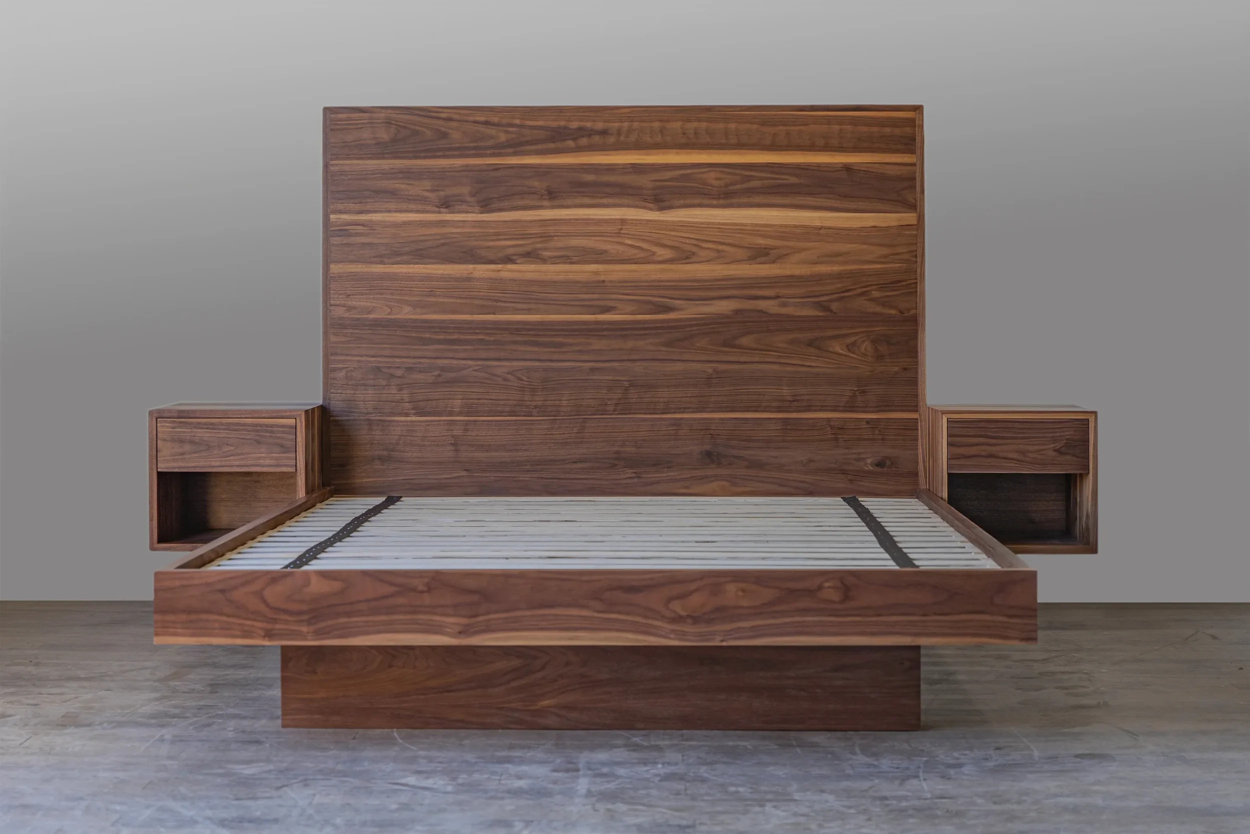 Custom Walnut platform bed with nightstands