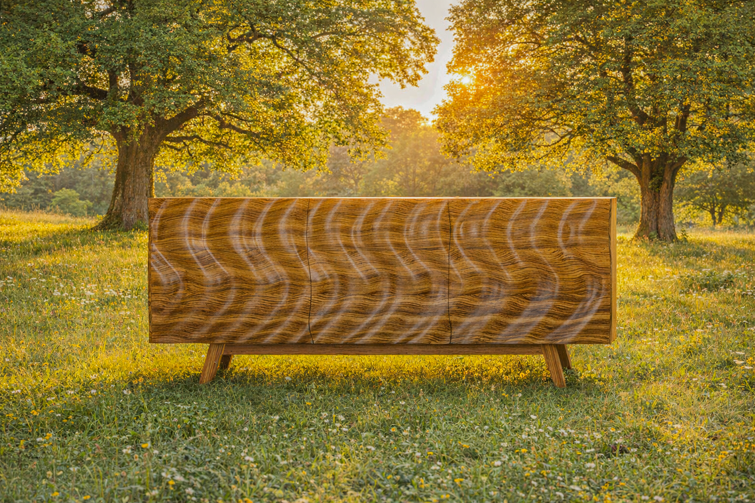 The wave face custom furniture credenza in a sun-lit meadow