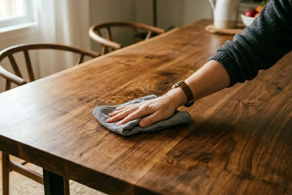 Person wiping a wooden table with a gray cloth.