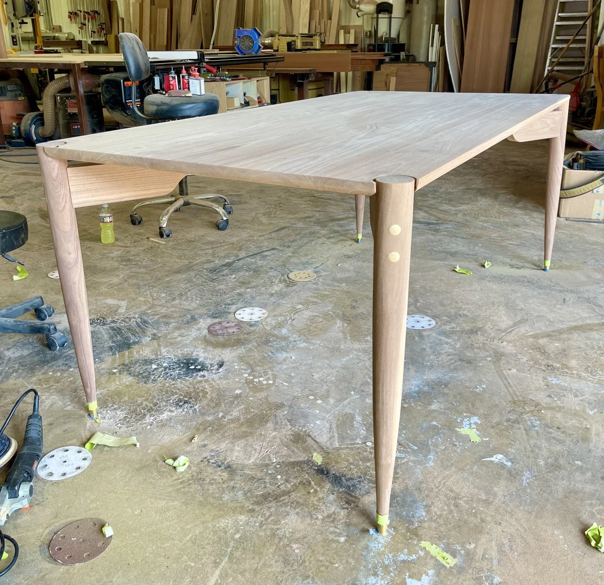 One of my original designed Tippi tables after being sealed and sanded, waiting to start getting its coats of finish