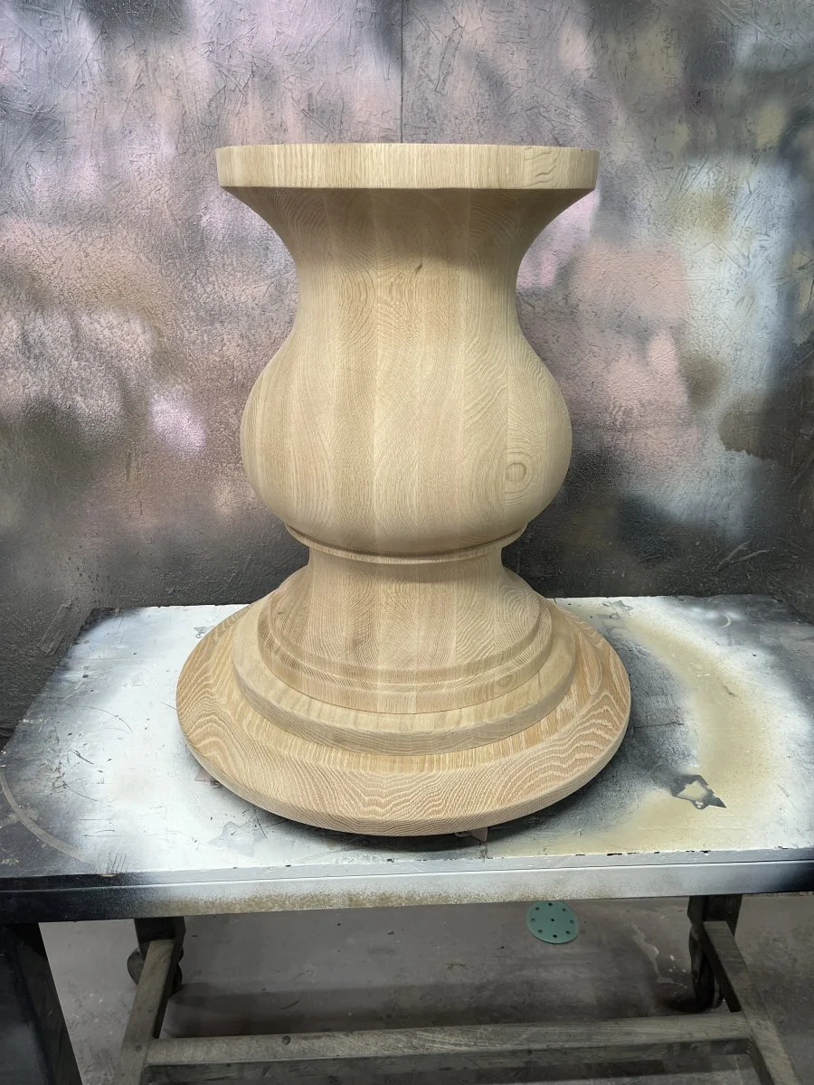A huge custom pedestal after final sanding waiting on finishing