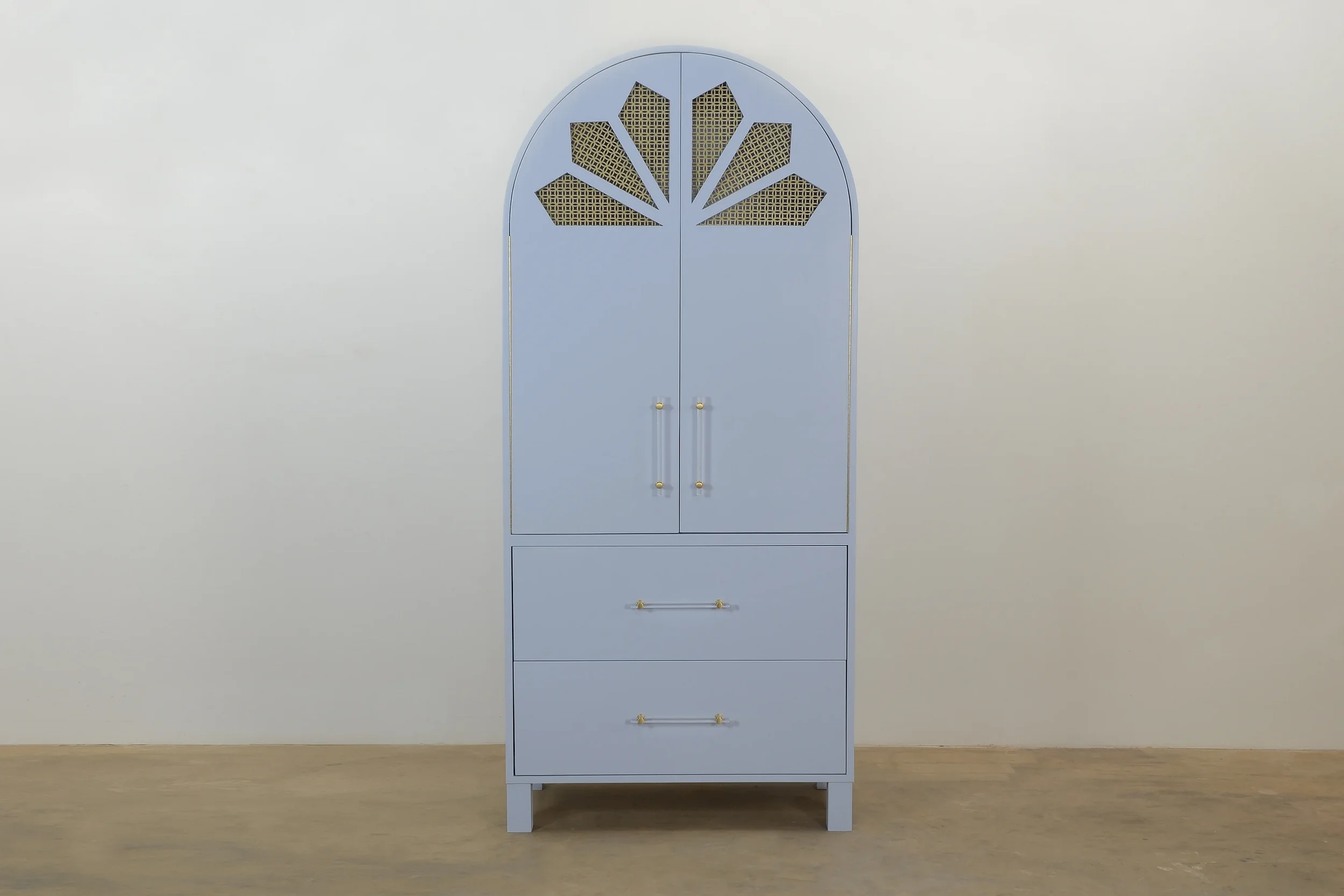 Powder Blue Arch Top Cabinet with pattern cut-outs