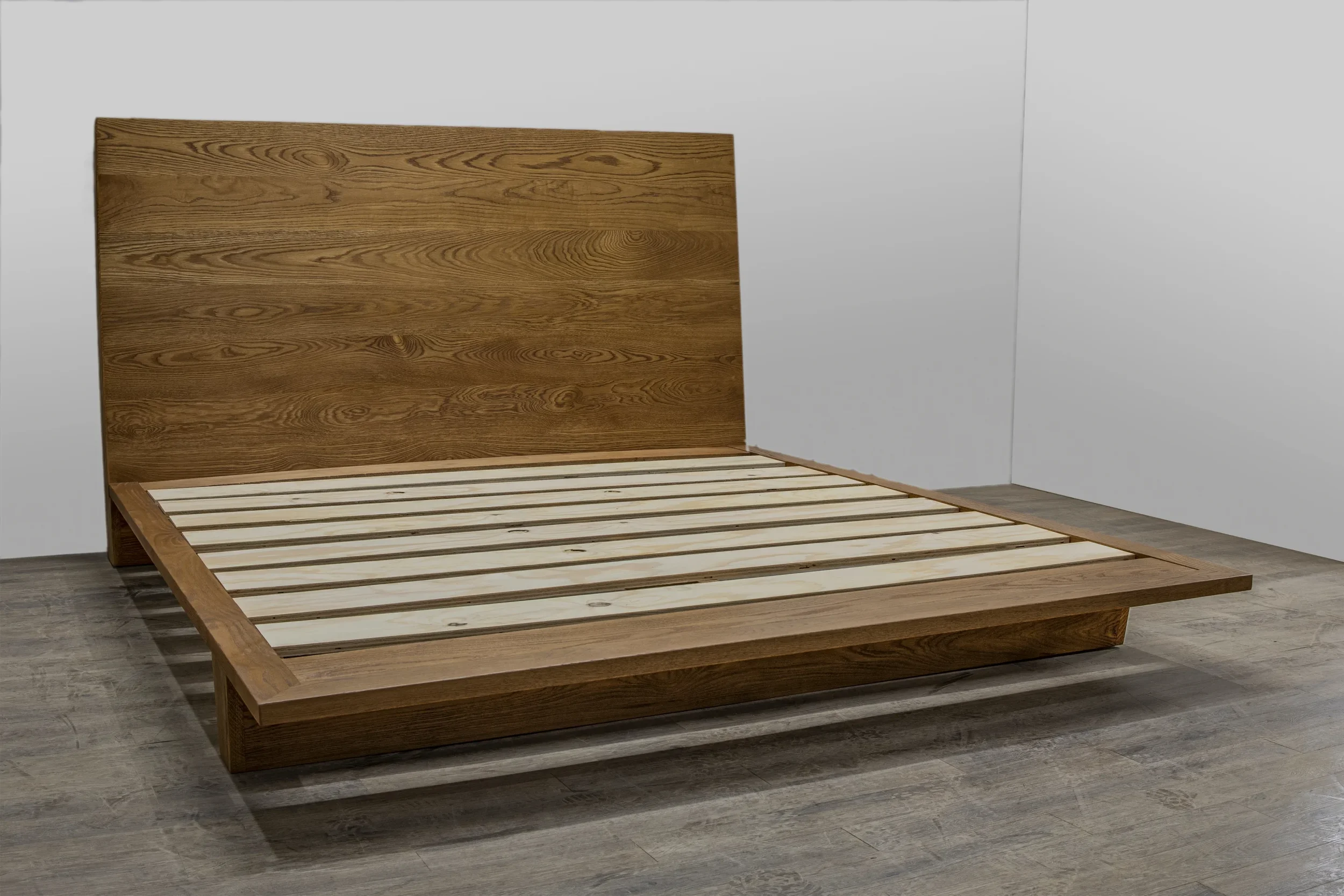 Custom white oak platform bed solid headboard handcrafted in our workshop