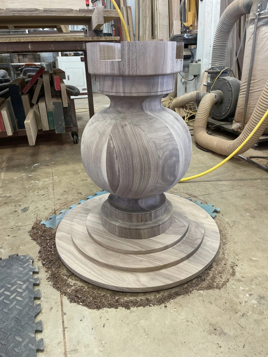 A beautiful solid Walnut pedestal getting ready for final sanding and inspection