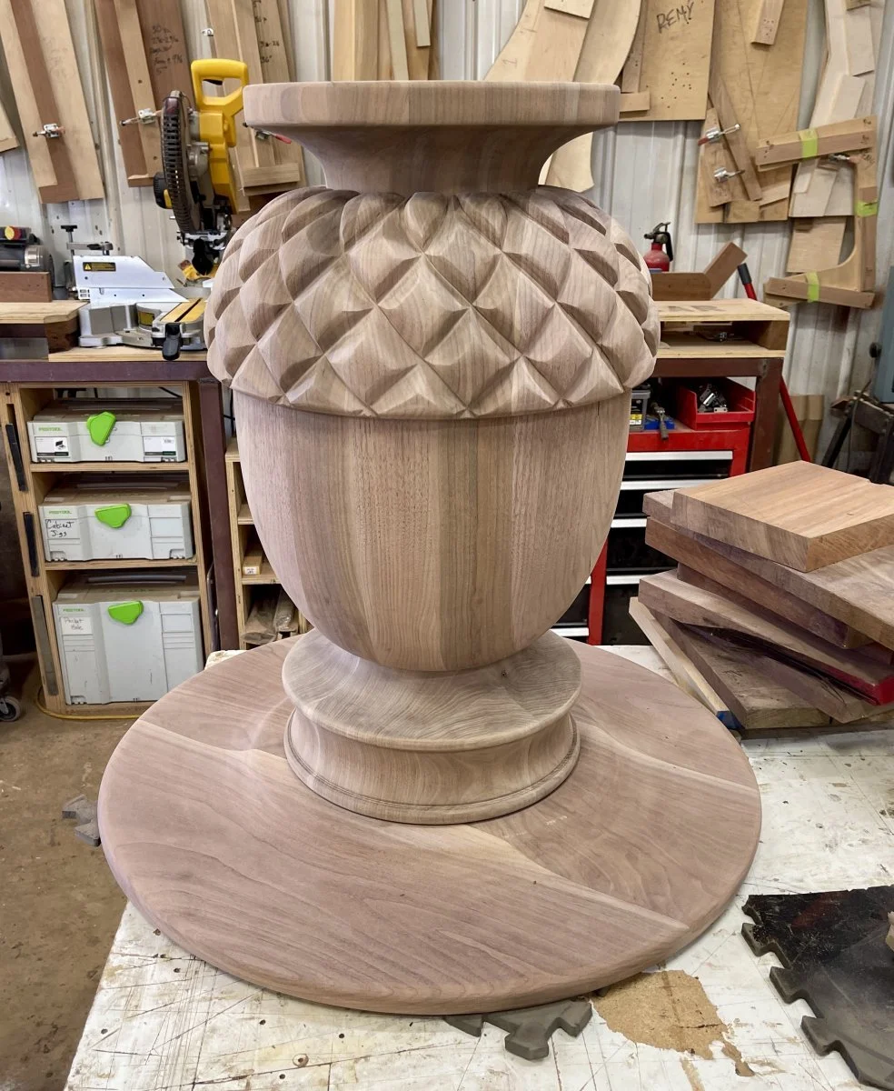 The one of a king acorn pedestal getting it's final sanding and preparation for finishing