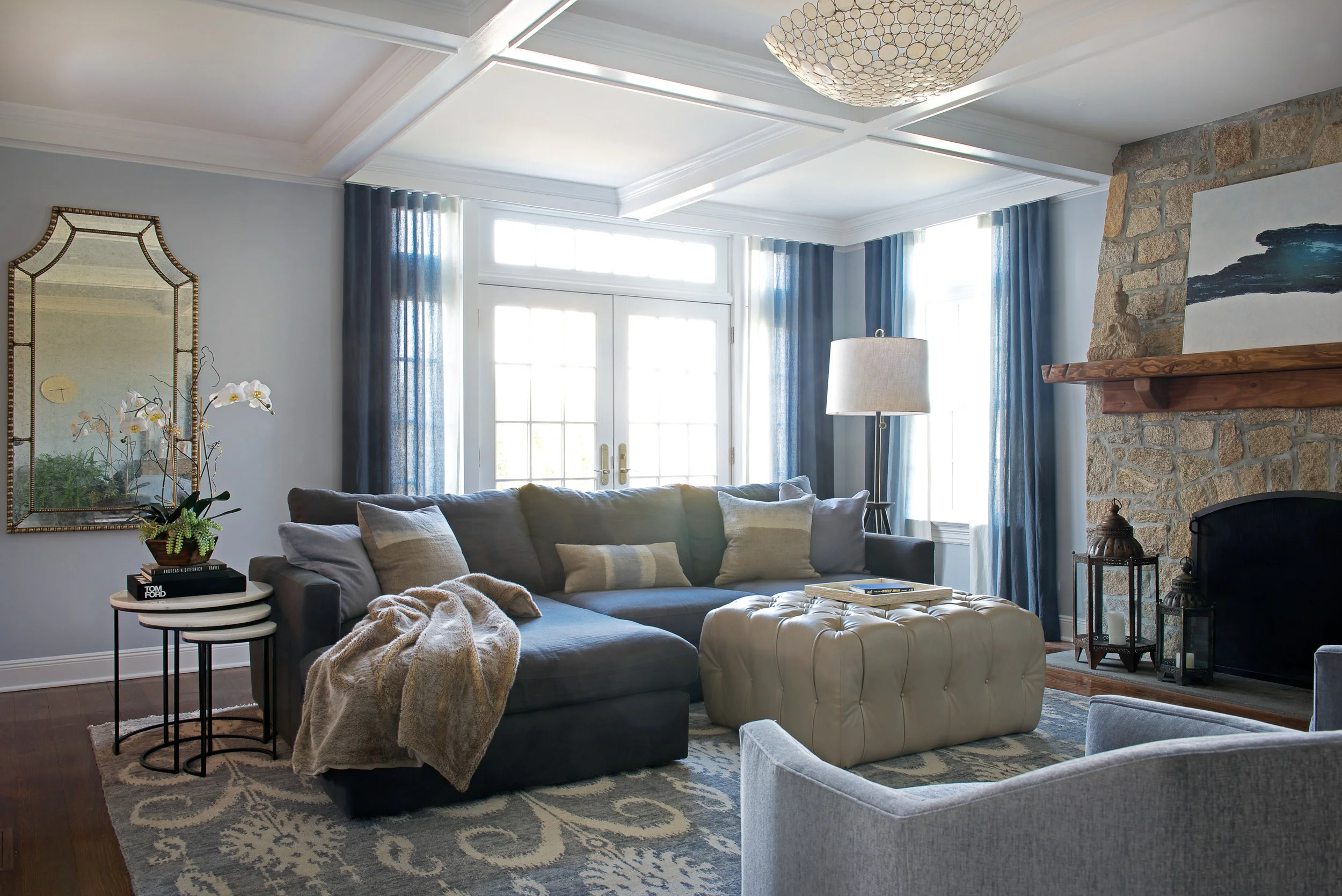 Family room with coffered ceiling