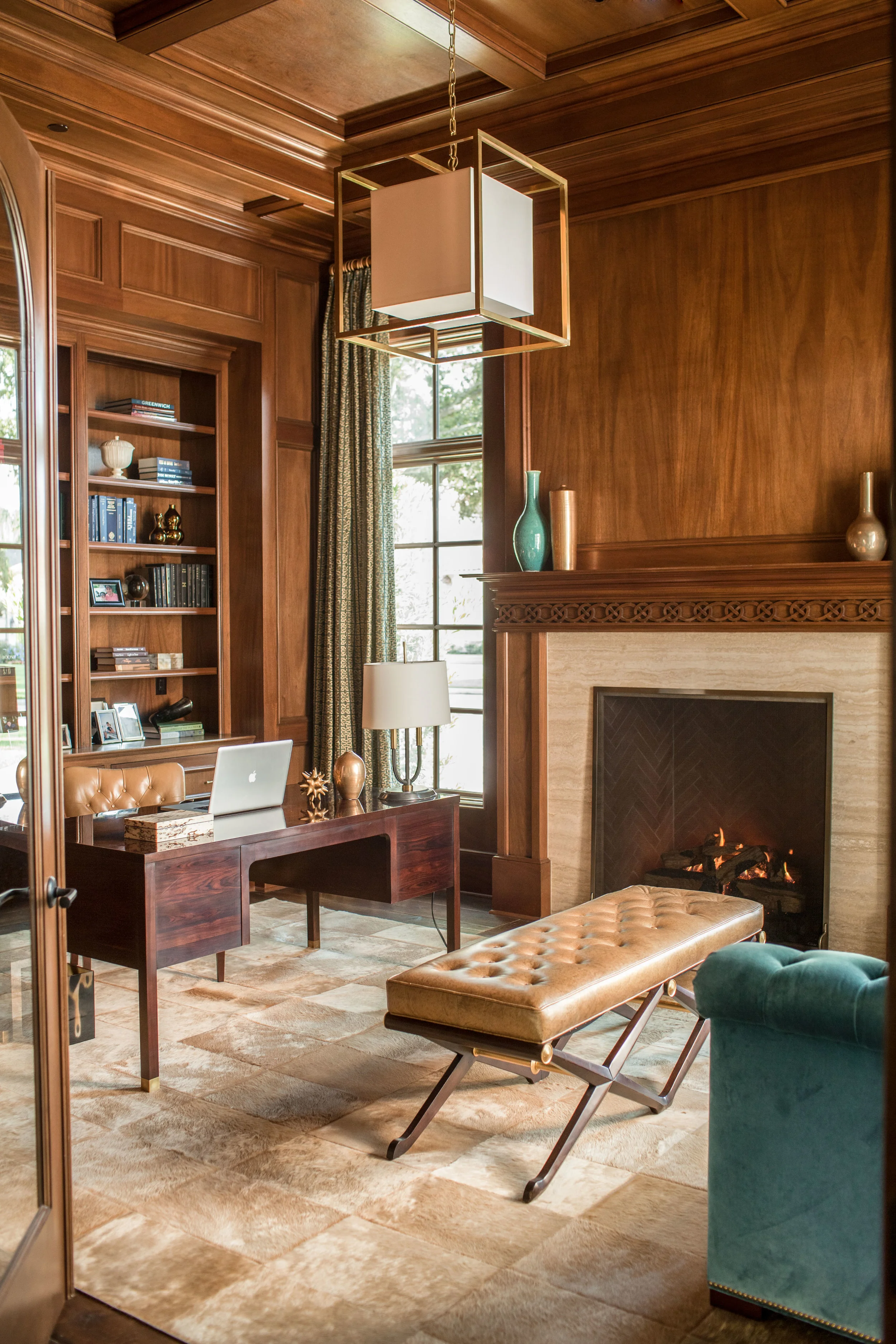 Library with fireplace