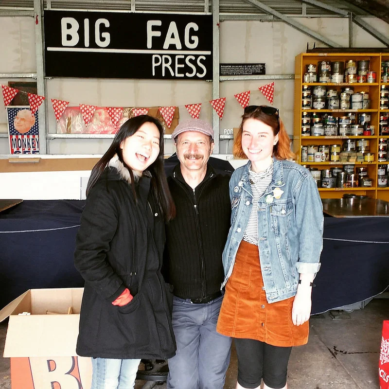 Audrey Qin from China, Big Fag Press boss Diego Bonetto, and Adelaide comic book artist Gina Chadderton at the Big Fag Press, mid-2016.