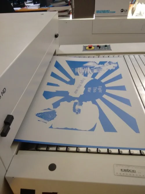 Getting the lithographic plate made up for printing on the Big Fag Press (via Computer to Plate Technology)