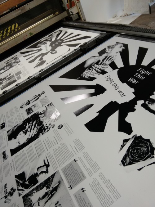 Printing The Daughter’s Project Research ‘Zine on the Big Fag Press – inked up lithographic plate in the foreground, printed zine on the paper bed in the background.