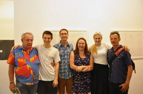 John Demos, Tim Barbarino, Lucas Ihlein, Kris Tito, Louise Anderson and Diego Bonetto at the end of John Demos’ Accessible Arts Residency at the Big Fag Press, The Cross Art Projects, Kings Cross