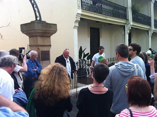 Artist Ian Milliss (active community member and artist around the time of the demolition rebuilding of Victoria St), discusses the great local character Mick Fowler (last resident to stay in Victoria St among considerable ongoing violence from developers)near his memorial plaque at the Butler stairs.