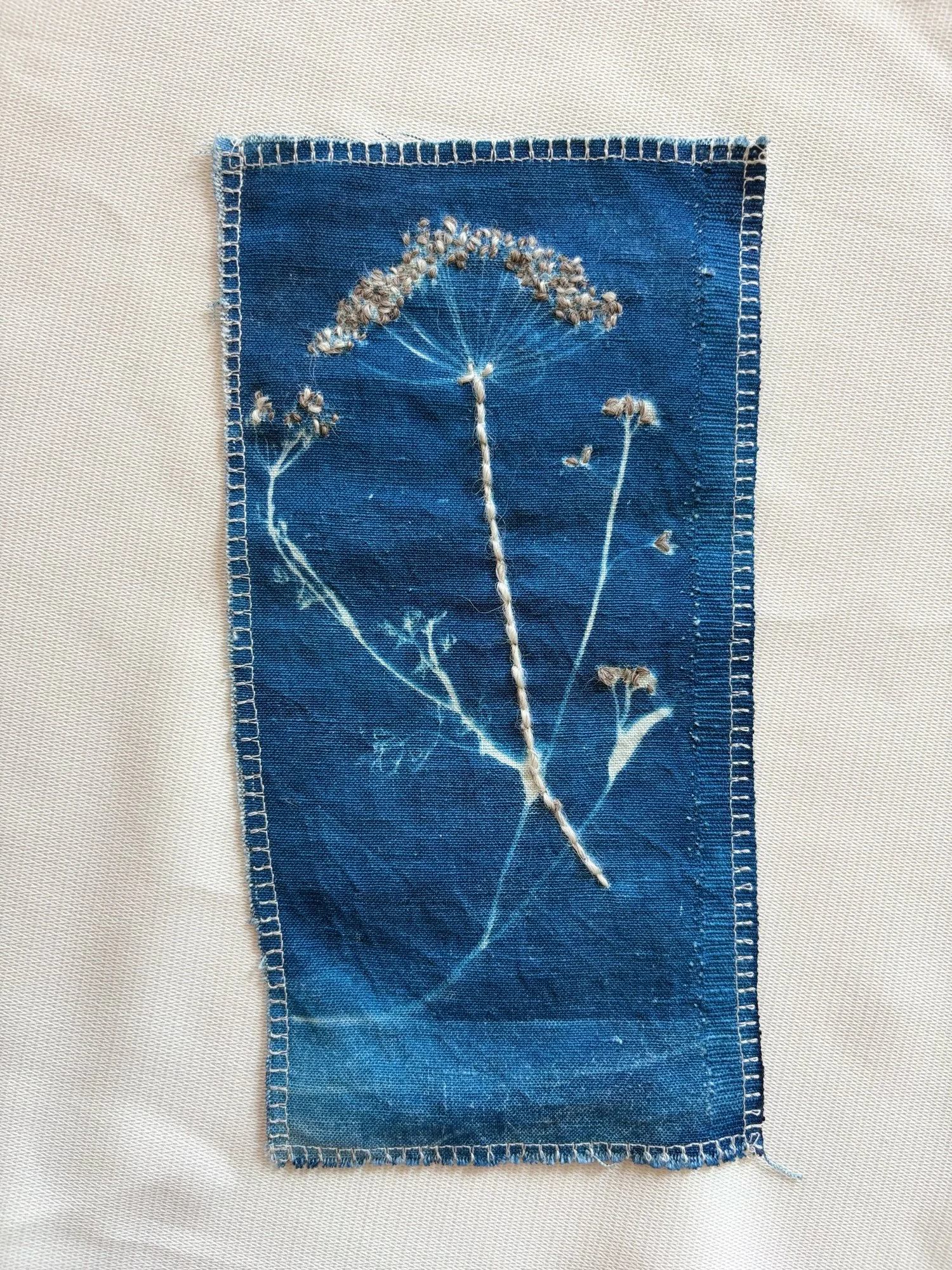Linen Floral Cyanotype Patch, Wool Embroidery - Dill